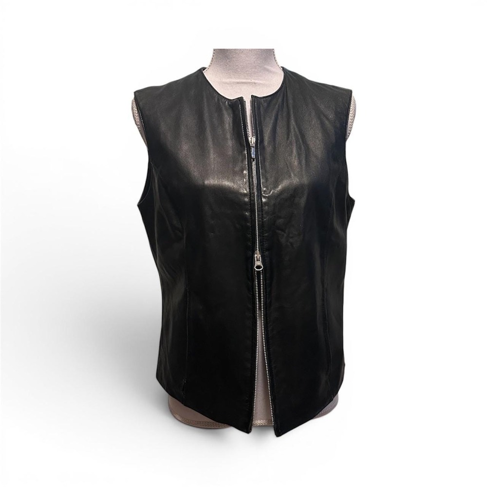 Vintage Caslon Black Genuine Lambskin Leather Zip Up Vest Women's Medium 60910